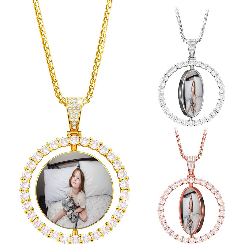 Flower Setting Custom Round Photo Picture Pendant Necklace | Remembrance Personalized Picture Necklace Gift | Icy Locket Photo Necklace