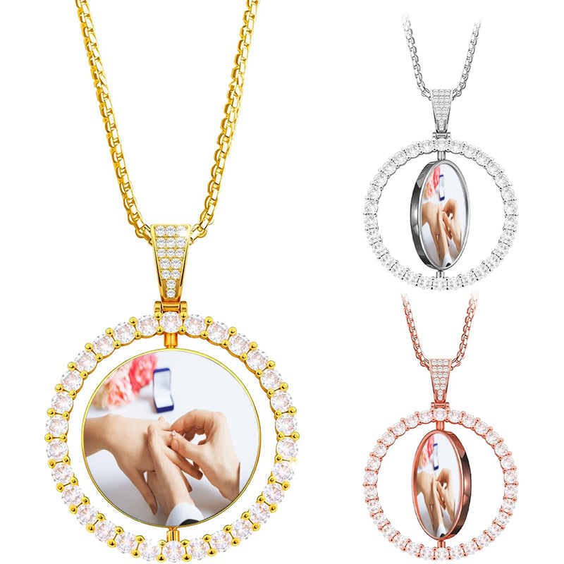 Custom Photo Pendant Necklace: Stainless Steel Cuban Chain, Silver Rose